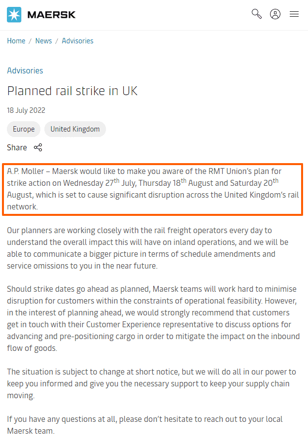 Maersk Announcement related to planned rail strikes in the UK